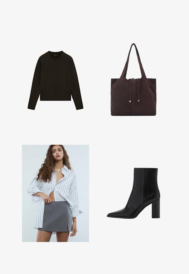 Ciemnobrązowy sweter z dzianiny z okrągłym dekoltem, długimi rękawami i ściągaczem na dole. Miękka tekstura, luźny krój, idealny do noszenia w warstwach.; Młoda kobieta z długimi kręconymi włosami, ubrana w białą, szeroką koszulę w paski, szara mini spódniczkę z rozporkiem z przodu oraz naszyjnik w kształcie gwiazdy.; Czarny skórzany botek za kostkę z ostrywnym noskiem, kwadratowym obcasem, gładką fakturą oraz detalami szycia wzdłuż szwów. Wysokość obcasów wynosi około 3,5 cala.; Mango - Torba na zakupy; Brązowe skórzane rękawiczki o gładkiej fakturze, z pięcioma palcami, elastycznym nadgarstkiem i ozdobnym przeszyciem wzdłuż krawędzi.
