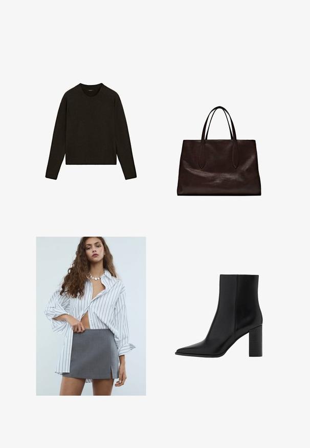 Ciemnobrązowy sweter z dzianiny z okrągłym dekoltem, długimi rękawami i ściągaczem na dole. Miękka tekstura, luźny krój, idealny do noszenia w warstwach.; Młoda kobieta z długimi kręconymi włosami, ubrana w białą, szeroką koszulę w paski, szara mini spódniczkę z rozporkiem z przodu oraz naszyjnik w kształcie gwiazdy.; Czarny skórzany botek za kostkę z ostrywnym noskiem, kwadratowym obcasem, gładką fakturą oraz detalami szycia wzdłuż szwów. Wysokość obcasów wynosi około 3,5 cala.; Massimo Dutti - Torebka; Brązowe skórzane rękawiczki o gładkiej fakturze, z pięcioma palcami, elastycznym nadgarstkiem i ozdobnym przeszyciem wzdłuż krawędzi.