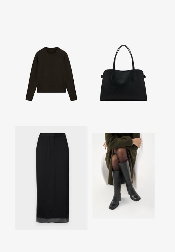 Ciemnobrązowy sweter z dzianiny z okrągłym dekoltem, długimi rękawami i ściągaczem na dole. Miękka tekstura, luźny krój, idealny do noszenia w warstwach.; Czarna długa spódnica wykonana z gładkiego materiału. Charakteryzuje się prostym krojem z delikatnym przezroczystym wykończeniem u dołu, dopasowanym pasem i rozporkiem z tyłu.; Kozaki skórzane do kolan w kolorze czarnym, z kwadratowym noskiem i słupkowym obcasem, pokazane na modelce siedzącej w oliwkowej zielonej kurtce. Gładka tekstura, minimalne detale.; Czarna skórzana torba na ramię z podwójnymi paskami, prostokątny kształt i minimalistyczny design na białym tle.