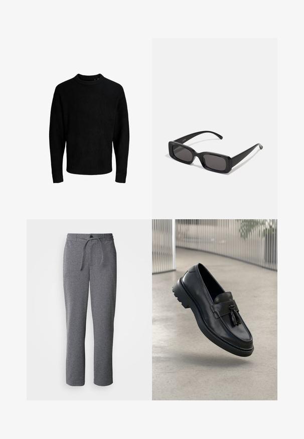 Zwarte trui, ronde halslijn, lange mouwen, geribbelde manchetten en zoom, zachte textuur, effen kleur, minimalistisch ontwerp.; Grijze sweatpants gemaakt van zachte stof, met een trekkoord in de taille, rechte pijpen en een eenvoudig, onversierd design.; Zwarte leren loafers met een gladde afwerking, decoratieve kwast, dikke rubberen zool en gestikte accenten. Lichtgewicht en strak ontwerp.; Zwarte rechthoekige zonnebril met donkere lenzen, glanzende afwerking, brede pootjes en een robuust frameontwerp. Gegraveerde merknaam op één van de pootjes.; Zwarte synthetische clutch met een ritssluiting, polsbandje en een gladde textuur. Kenmerkt zich door subtiele stiksels en een op de voorkant geperst logo.