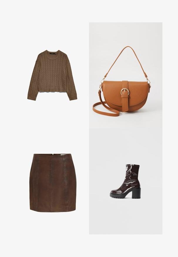 Pruun kaablikudumisega sviiter pikade varrukatega, ribadega mansetid, kaelus ja äär, laotatuna valgele taustale.; Pruun nahkne mini seelik sileda tekstuuriga, millel on kaks vertikaalset õmbluse detaili ja varjatud tagumine lukku.; Klakav läikiv burgundi värvi pahkluu saabas, millel on paks must konts, sile tekstuur ja lihtne disain. Nähtavad kinnitused või mustrid puuduvad.; Pruun nahast õlakott, millel on kumer kuju, kullavärvi riistvara ja pandlaga kaunistus. Omab eemaldatavat õlarihma.