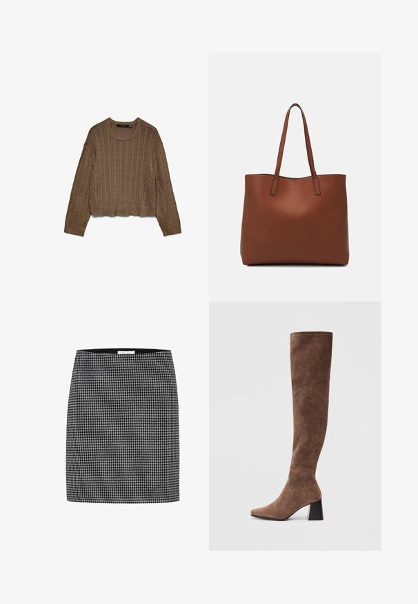 Brun kabelstrikket sweater med lange ærmer og ribbede manchetter, udskæring og kant, lagt fladt ud på en hvid baggrund.; Sorte og hvide houndstooth nederdel med en tætsiddende silhuet, glat tekstur og en taljeelastik. Ingen synlig hardware eller mønstre ud over houndstooth-designet.; Brune støvler over knæet lavet af blødt ruskind med spids tå og en kraftig sort hæl. Designet har sømløs syning for et elegant udseende.; Brun læder tote taske med en glat overflade, åben topdesign og to skulderremme. Har minimal syning og ingen synlig hardware.