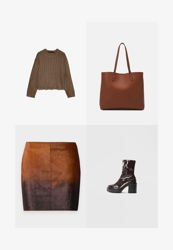 Brūns adīts džemperis ar garām piedurknēm un ribotām aprocēm, kakla izgriezumu un apakšu, izvietots uz balta fona.; Brūns gradient mini svārki, izgatavoti no mīksta materiāla, ar gludu tekstūru, pieguļošu siluetu un precīzu šuvumu gar malām.; Spīdīgas bordo potīšu botītes ar masīlu melnu papēdi, kurām ir gluda tekstūra un vienkāršs dizains. Nav redzamu aizdari vai rakstu.; Brūna ādas iepirkumu soma ar gludu tekstūru, atvērta augšdaļa un divas plecu siksnas. Izceļas ar minimālām šuvēm un redzamu aparatūru nav.