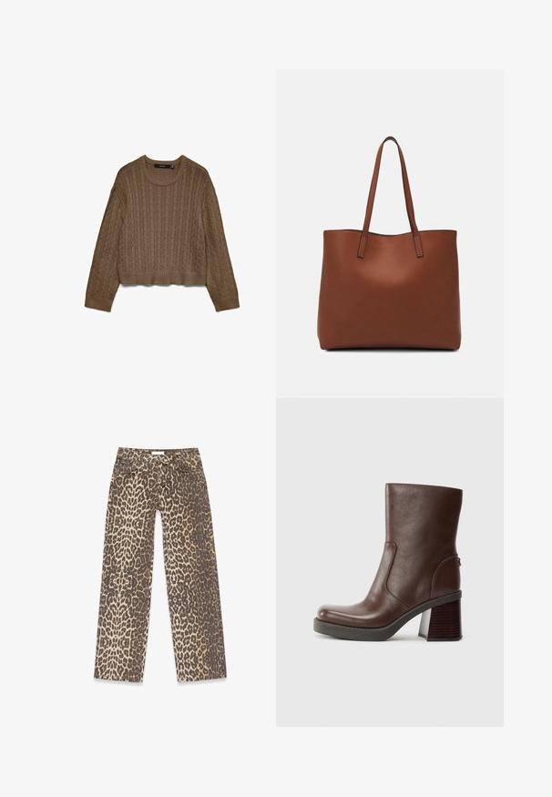 Pruun kaablikudumisega sviiter pikade varrukatega, ribadega mansetid, kaelus ja äär, laotatuna valgele taustale.; Leopardimustriga denimihüpped, mis on valmistatud neutraalses beežis ja pruunis värvipaletis, otse jala disainiga ja traditsiooniliste taskudega.; Kohvikarva nahast ankle boot ümarate varvastega, sileda tekstuuriga ja paksu puidust kontsaga. Küljeseam detail ja peen sära.; Pruun nahast tote-kott, millel on sile tekstuur, avatud ülaosa disain ja kaks õlarihma. Omab minimaalset õmblust ja nähtavat riistvara ei ole.
