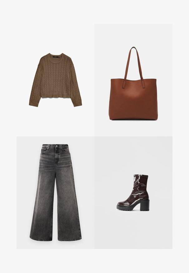 Brązowy sweter w splot warkoczowy z długimi rękawami i ściągaczami przy mankietach, dekolcie i dolnej krawędzi, położony na białym tle.; Szerokie czarne dżinsy z denimowym wykończeniem, z wypłukanym odcieniem, pięcioma kieszeniami oraz zapięciem na guziki w pasie, z wyhaftowanymi akcentami.; Błyszczące bordowe botki za kostkę z masywną czarną obcasem, charakteryzujące się gładką teksturą i prostym wzornictwem. Brak widocznych zapięć lub wzorów.; Brązowa skórzana torba tote o gładkiej fakturze, z otwartym wierzchem i dwoma ramiączkami. Charakteryzuje się minimalnym przeszyciem i brakiem widocznych elementów metalowych.