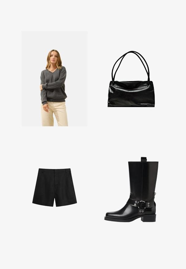 Grå strikket sweater med V-hals-design, ribbede manchetter og afslappet pasform, båret over lyse beige bukser. Glat tekstur.; Sorte linnedershorts med en tætsiddende talje, sidelommer og skræddersyet design. Har en glat overflade og flad front uden synlige dekorative elementer.; Sort læderknæhøj støvle med spids tå, sølv spænde detaljer og en robust hæl. Har en trækflap for nem påtagning.; Sort lædertaske med en glat overflade, rektangulær form og to lange håndtag. Enkel design uden synligt hardware eller dekorationer.