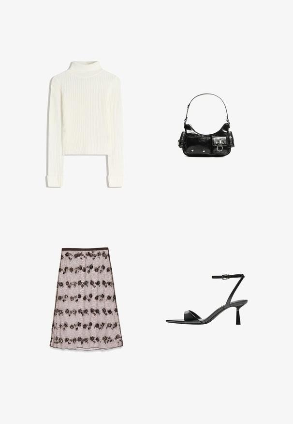 Witte, geribbelde coltrui met lange mouwen en een aansluitende silhouet. Zachte textuur met omgekrulde manchetten; verkorte lengte.; Lace midi-rok in lichtroze met bloemenpatronen in donkerbruin en brons, voorzien van pailletten en een zachte tailleband.; Bershka Sandalen met hoge hak - black; Zwarte laarzen in lakleer met een gebogen vorm, één schouderband, voorvakken en accenten in zilverkleurig metaal.
