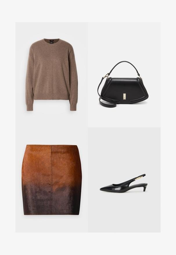 Bruine gebreide trui met een ronde halslijn, lange mouwen en een relaxte pasvorm. Bevat een subtiele textuur en een centrale naaddetail.; Bruine gradient mini rok gemaakt van zachte material, met een gladde textuur, een aangesloten silhouet en nauwkeurige stiksels langs de randen.; Zwarte leren slingback hakken met een spitse neus, voorzien van een slanke hak en een goudkleurige accent op de verstelbare band. Gladde textuur.; Zwarte leren handtas met een gestructureerd ontwerp, featuring een verkorte vorm, bovenhandvat en gouden hardwareaccent. Inclusief verstelbare schouderband.