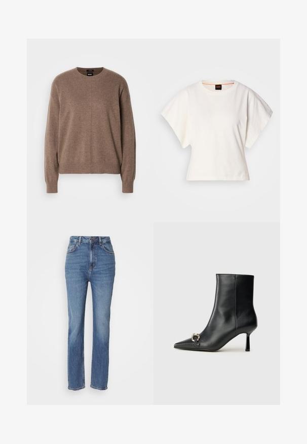 Smešasti smeđi pulover s okruglim izrezom, dugim rukavima i opuštenim krojem. Ima suptilnu teksturu i detalj središnjeg šava.; Bijeli skraćeni T-shirt, široke kratke rukave, mekani pamučni materijal, okrugli izrez s suptilnim narančastim detaljem, minimalistički dizajn, bez uzoraka ili grafika.; Traperice plave boje visokog struka s ravnim fitom, sa suptilnim blijeđenjem, klasičnim dizajnom s pet džepova i kopčanjem na dugme.; Crne kožne gležnjače s nazupčanim prstom, uskim srednje visokim potpeticama i detaljem srebrne kopče sa strane na jedinstvenoj pozadini.