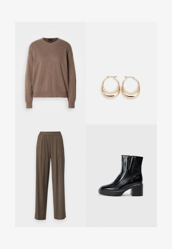 Brūns adīts džemperis ar apaļu kakla izgriezumu, gariem piedurknēm un brīvu piegriezumu. Iezīmējas ar vieglu tekstūru un centrālo šuvju detaļu.; Brūni, plaši bikses ar elastīgu jostasvietu un priekšējām krokām, izgatavotas no gludas auduma, nodrošinot brīvu piegriezumu.; Melnas lakotas ādas potītes zābaki ar izliekto purngalu, elastīgām sānu paneļiem un masīvu blokveida papēdi. Aizmugurē ir izsistā logo.; Zelta tonis apļveida auskari ar pusmēness formu, pulētu virsmu un lūka aizdari. Gluda tekstūra un spīdīga apdare uzlabo redzamību.