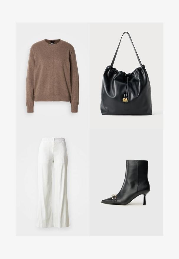 Hnědý pletený svetr s kulatým výstřihem, dlouhými rukávy a volným střihem. Obsahuje jemnou texturu a centrální šev.; Bílé, vysoké široké kalhoty vyrobené z lehkého materiálu. Obsahují plochý přední část, zadní kapsy a čistý, jednoduchý design.; Černá kožená kotníková bota s špičatou špičkou, úzkým středně vysokým podpatkem a stříbrnou sponou na straně, na jednobarevném pozadí.; Černý kožený taška na šňůrku s hladkým povrchem, staženým vrchem a jemnými zlatými detaily. Obsahuje jeden pevný popruh a embosované logo.