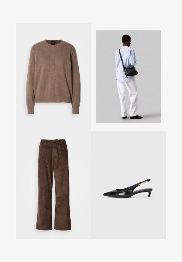 Ruskea neulepaita, jossa on pyöreä kaula-aukko, pitkät hihat ja rento istuvuus. Sisältää hienovaraisen tekstuurin ja keskeisen sauman yksityiskohdan.; Ruske korduroy-housut leveällä lahjakuvalla, joissa on pystysuorat viivat ja vyötärönauha. Kangas on pehmeä ja tekstuuriltaan mielenkiintoinen.; Mustat nahkaiset slingback-korkokengät, joissa on terävä kärki, ohuet korot ja kultasävytteinen yksityiskohta säädettävässä hihnassa. Silkkinen pinta.; Musta nahkainen olkalaukku, jossa on pehmeä rakenne, kolmion muoto ja säädettävä hihna, yhdistettynä vaaleansiniseen raidalliseen paitaan ja valkoisiin housuihin.