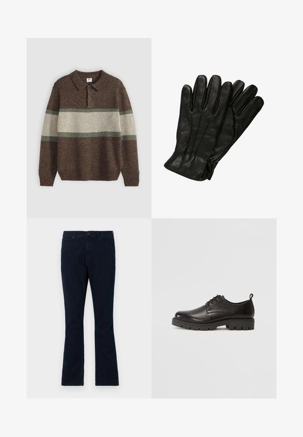 Rudas megztinis su apykakle ir trimis mygtukais. Puošia plačios smėlio spalvos ir žalios horizontalių juostų. Textūruota medžiaga su raštuotais rankogaliais.; Tamsiai mėlynos džinsinės kelnės su plačiu apatine dalimi, su mygtuko uždarymu, penkių kišenių dizainu ir šiek tiek išblukusiais keliais.; Juodos odinės bateliai su raišteliais, pasižymintys lygiu paviršiumi, apvaliu pirštu, storu guminiai padais su raštu ir mažu kulno užtrauktuku.; Juodos odinės pirštinės su lygiu paviršiumi, penkiomis pirštų dalimis ir subtiliais siuvinėjimo akcentais. Klasikinis dizainas, tinkantis šaltu oru.