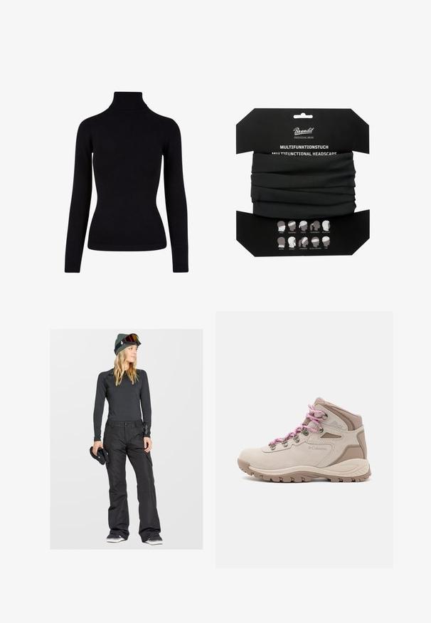 Musta poolpikkade varrukatega soe kudum, millel on ribikandiga kaelus ja äär. Kitsas lõige.; Musta pitkähihaisen thermopaita yhdistetty mustiin lumihousuihin. Asusteena on vihreä pipo ja laskettelulasit, jotka korostavat käytännöllisyyttä.; Vaaleanbeige vaelluskengät, joissa on pinkit nauhat, nukka- ja synteettinen yläosa, puolikorkea muotoilu, kumipohja, jossa on pitokuvioita, ja pehmustettu nilkkaosa.; Brandit MULTIFUNKTIONSTUCH - Tuubihuivi - black