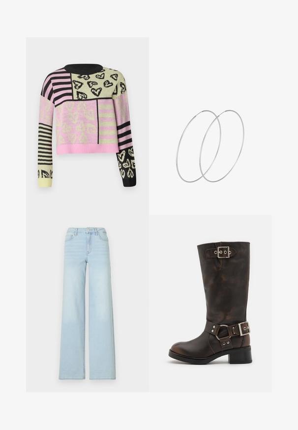 Gehaakte trui met een cropped ontwerp in roze, groen, zwart en gestreepte patronen, gedetailleerd met hartmotieven en een geribbelde halslijn.; Lichtblauwe wijde jeans van denim met een klassiek vijfzakdesign en een ritssluiting aan de voorkant. Heeft een subtiele vervaging aan de voorkant.; Steve Madden BEAU - Cowboy-/Bikerlaarzen - brown; Zilveren hoepel oorbellen met een minimalistisch ontwerp. Cirkelvormig, gladde textuur en dun profiel. Lichtgewicht met een gepolijste afwerking.