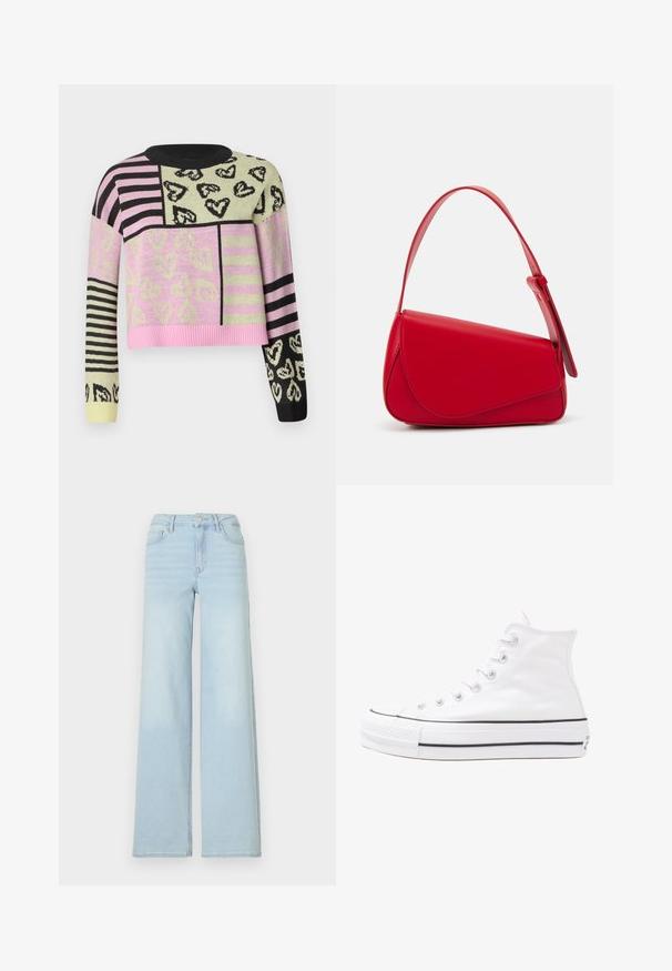 Kootud sviiter, millel on lühendatud disain roosa, rohelise, musta ja triibulise mustriga, südame motiivide ja soonikkraega.; Heledad sinine lahtine teksapüksid, mis on valmistatud denimist, klassikalise viie tasku disainiga ja ees nupuga kinnitusega. Ees on kerge pleekimine.; Valge kõrgem kangast tenniseking, millel on must kummist tald, ees kummist varvasetugi ja kuus aukku paelte jaoks, pakkudes puhta ja minimalistliku disaini.; Punane nahast käekott, millel on nurkadega geomeetriline disain. Omab ühte reguleeritavat rihma ja klappidega sulgemist, millel on õmblustega kaunistused.