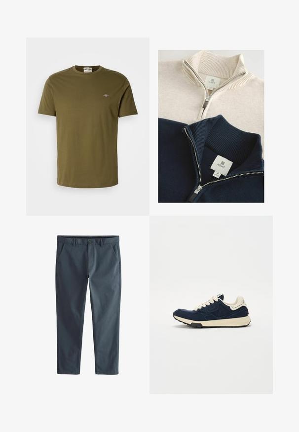 Due maglioni con zip color beige e blu navy. Quello beige ha una texture a coste e un colletto alto; il blu navy presenta un tessuto liscio con colletto a coste.; T-shirt oliva a maniche corte in cotone, con scollatura rotonda e piccolo logo ricamato sul petto. Texture liscia.; Pantaloni in misto cotone grigio scuro, con vita piatta, due tasche laterali e zip con chiusura a bottone. Tessuto morbido e vestibilità affusolata.; Sneaker blu navy con tomaia in suede testurizzato, lacci crema e suola intermedia beige. Presenta un design atletico classico e una suola in gomma.
