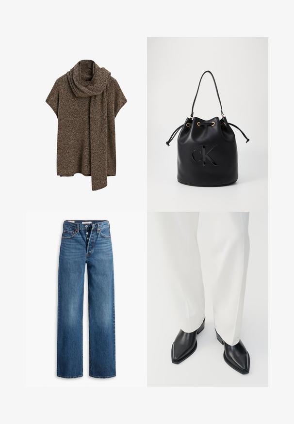Brown and gray marled knit poncho with short sleeves and an attached long scarf draped around the neck.; Blue denim jeans with a wide-leg design, five pockets, button fly, and contrasting stitching. Textured fabric with a faded finish.; Black pointed-toe ankle boots with a smooth leather finish, low block heels, paired with white wide-leg trousers. Simple and modern design.; Black leather bucket bag with drawstring closure, featuring a glossy "CK" logo on the front and gold-tone hardware accents.