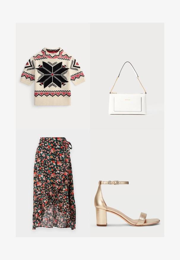 Krém színű, rövid ujjú kötött pulóver fekete és vörös geometrikus csillagmintával, valamint zig-zag részletekkel az ujjakon és az alján.; Virágos rakott szoknya fekete háttérrel, piros és rózsaszín virágokkal, fodros szegéllyel, állítható derékmegkötővel és könnyű anyaggal.; Lauren Ralph Lauren LOGAN METALLIC NAPPA LEATHER SANDAL - Szandálok - platinum; Fehér bőr kézitáska, texturált felülettel, arany lánccal és fekete részletekkel. Elülső zsebbel és cipzáros zárással rendelkezik.