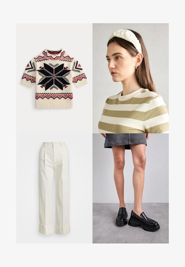 Krēmkrāsas adīts īsām piedurknēm džemperis ar melnu un sarkanu ģeometrisku zvaigžņveida rakstu un zigzaga akcentiem piedurknēs un apakšmalā.; Baltas, piegriezts bikses ar augstu jostu, dubultām priekšējām krokām un platajām kājām ar salocītām malām. Izgatavotas no gludas, strukturētas auduma.; MICHAEL Michael Kors SHILOH LOAFER - Apavi ar platformu un papēžiem - black; Krēma krāsas pildīta galvassega ar uztinuma dizainu, apvienota ar bēša un baltā svītrainā krekla ar apaļu izgriezumu. Smalkas rotaslietas akcenti.