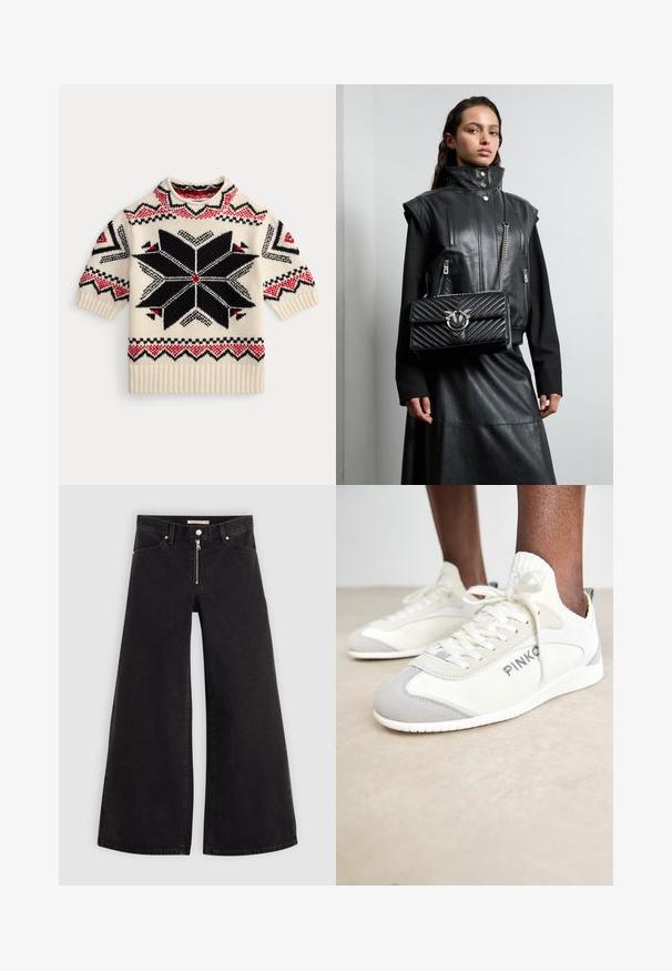 Cream knit short-sleeve sweater with black and red geometric star pattern and zigzag accents on sleeves and hem.; Wide-leg jeans in black denim with a zippered front, five-pocket design, and subtle stitching details. Smooth texture and casual style.; White and gray athletic sneakers with textured fabric and suede accents. Features a lace-up design and visible branding on the side.; Black leather vest with high collar, zippered pockets, and a black quilted handbag featuring a silver hardware accent, worn with a long black skirt.