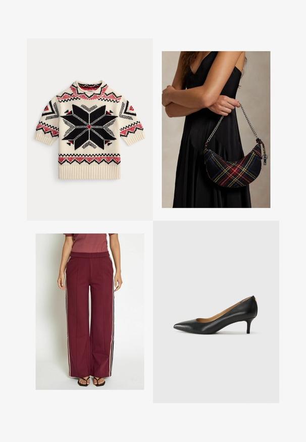 Kratka pletena pulover z kratkimi rokavi v smetanasti barvi z geometrijskim vzorcem zvezd v črni in rdeči barvi ter cikcak detajli na rokavih in robu.; Burgundske široke hlače z bočnimi črtami v kremni in mornarsko modri barvi, z oblikovanim pasom in gladko teksturo tkanine.; Črne usnjene črpalke s koničastim nosom, nizko peto in gladko teksturo. Imajo rahlo odprtino spredaj in minimalno opremo zadaj.; Torba Plaid hobo z ukrivljeno obliko, izdelana iz teksturirane tkanine v temnih barvah, z srebrno verižico in majhno značko z blagovno znamko.