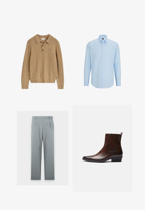Hellbrauner Polo-Pullover aus Kabelstrick mit langen Ärmeln, Kragen, drei schwarzen Knöpfen und kleinem, gesticktem Logo auf der Brust.; Helleblaue Langarmhemd aus glattem Stoff, mit Knopfleiste, spitzem Kragen und normaler Passform.; Helle graue Hose aus strukturiertem Stoff mit geradem Bein, einfachen Falten und umgeschlagenen Säumen. Minimalistisches und maßgeschneidertes Erscheinungsbild.; Braune Leder-Ankle-Boots mit spitzer Spitze, elastischen Seitenteilen, strukturierten Details auf der Vorderseite und einem niedrigen, gestapelten Absatz.