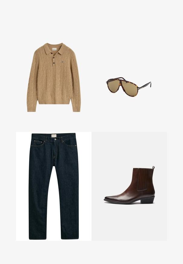 Pull en maille torsadée, marron clair, à manches longues, avec col, trois boutons noirs et petit logo brodé sur la poitrine.; Jeans en denim bleu foncé avec une coupe droite, un design à cinq poches et des coutures contrastées. Texture du tissu lisse.; Bottine en cuir marron avec un bout pointu, des panneaux latéraux élastiques, des détails texturés sur le devant et un petit talon empilé.; Lunettes de soleil écaille de tortue avec verres marron, de style aviateur, présentant un design de monture élégant et des accents métalliques sur les branches.