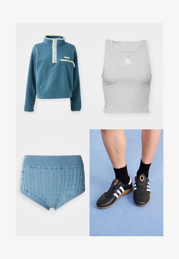 Turbulīgi zils vilnas pulovers ar augstu apkakli, kas ietver četru pogu aizdari, ar rāvējslēdzēju kabatu krūtīs un gaiši zaļiem akcentiem gar apkakli.; Pelēks bezpiedurkņu topiņš, kas izgatavots no mīkstas auduma, ar apaļu kakla izgriezumu un mazu baltu Adidas logo uz krūšu daļas.; Gaiši zili kokvilnas apakšbikses ar ribotu jostu un austu tekstūru. Priekšā un aizmugurē ir horizontālas svītras pie malām.; Melni slip-on apavi ar baltām svītrām un teksturētu ādas virsu, ar apļa akcentu tuvāk atvērumam un gumijas zoli.