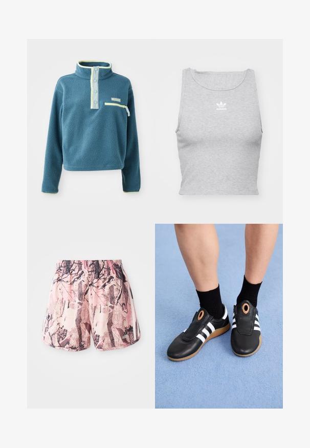 Teal flis pulover z visokim ovratnikom, z patento na štiri gumbe, žepom na prsih z zadrgo in svetlo zelenimi poudarki okoli ovratnika.; Sivina brezrokavna cropped majica iz mehkega blaga, z okroglim izrezom in majhnim belim Adidasovim logotipom na prsih.; Roza in rjava kratka hlače s elastičnim pasom in stranskimi črtami, ki vsebujejo grafično zasnovo, ki spominja na listje in veje.; Črne slip-on čevlje z belimi črtami in teksturiranim usnjem na vrhu, ki imajo okrogel dodatek blizu odprtine ter gumijasti podplat.