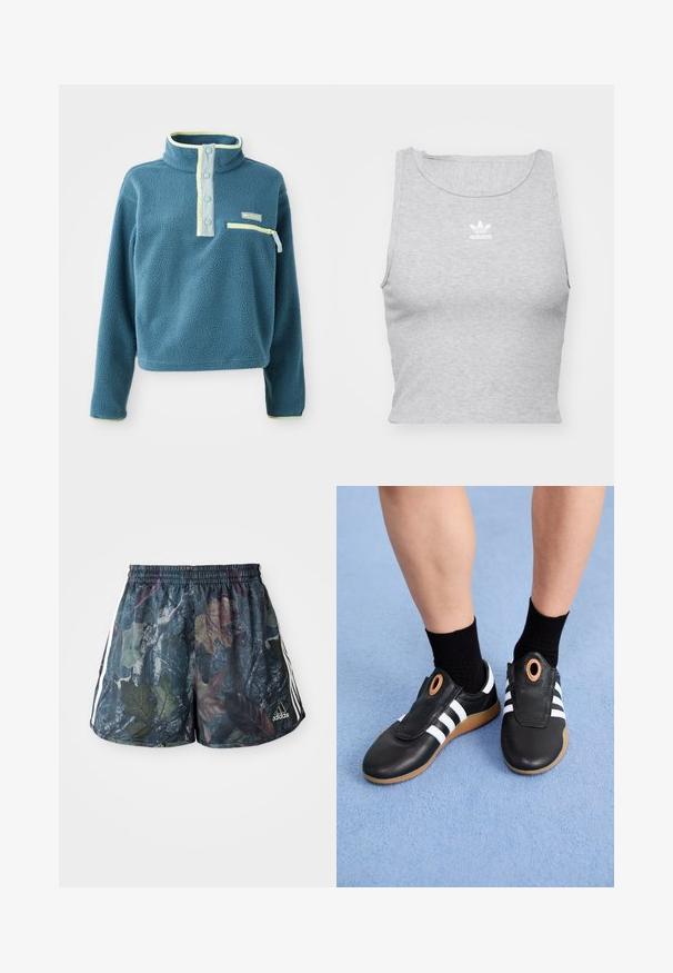 Teal fleece genser med høy krage, med en pløse med fire knapper, en glidelåslomme på brystet, og lysegrønne detaljer langs kragen.; Grå, ermeløs crop top laget av mykt stoff, med rund hals og en liten hvit Adidas-logo på brystet.; Herre shorts med et flerfarget bladmønster på mørk bakgrunn, med elastisk midje og sidebånd i hvitt.; Sorte slip-on-sko med hvite striper og en teksturert lær-overdel, med en sirkulær detalj nær åpningen og en såle av gummigummi.