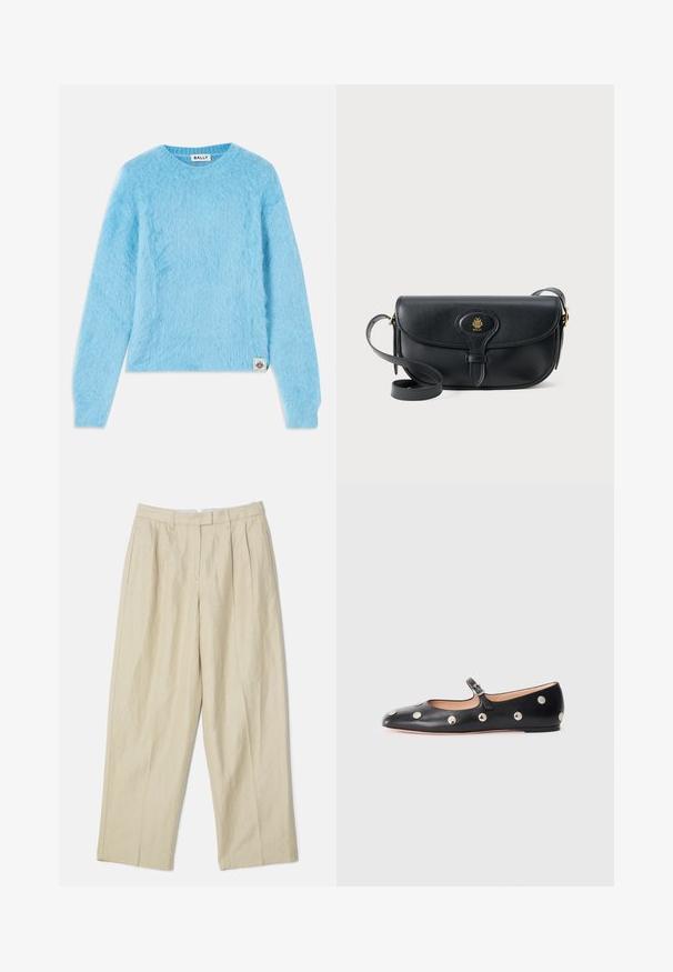 Light blue, fuzzy sweater made of soft material. Features a round neckline and long sleeves. Small branded tag at the bottom left.; Beige linen trousers with a wide-leg design, featuring front pleats, side pockets, and a smooth texture. Classic cut and versatile style.; Black leather Mary Jane flat shoe with a rounded toe, featuring silver circular studs and an adjustable strap with a buckle.; Black leather crossbody bag with a flap closure and gold logo detail. Features a long strap and smooth texture.