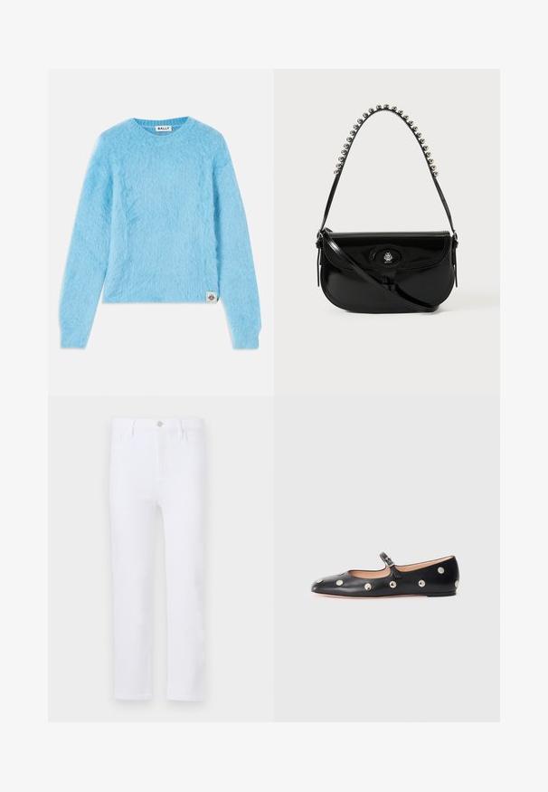 Light blue, fuzzy sweater made of soft material. Features a round neckline and long sleeves. Small branded tag at the bottom left.; White denim jeans with a straight cut, featuring belt loops, front pockets, and a zip fly. Smooth texture and uniform color throughout.; Black leather Mary Jane flat shoe with a rounded toe, featuring silver circular studs and an adjustable strap with a buckle.; Black patent leather handbag with a curved shape. Features a metallic bead-accented strap and a branded oval clasp. Smooth texture.