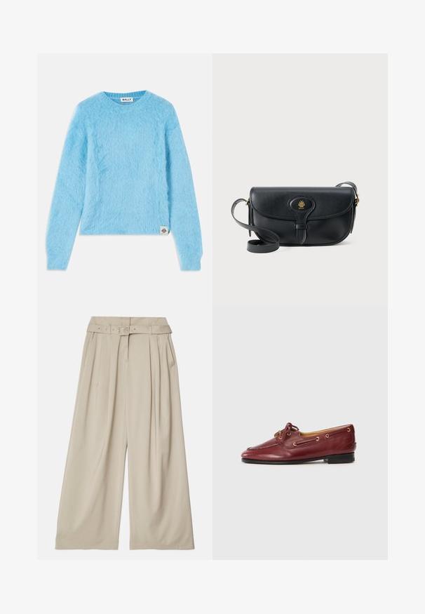 Light blue, fuzzy sweater made of soft material. Features a round neckline and long sleeves. Small branded tag at the bottom left.; Wide-legged trousers in a light beige fabric. Features a high waist, front pleats, and a matching belt with a metal buckle detail.; Burgundy leather boat shoes with a rounded toe, lace-up design, gold eyelets, and a low black sole. Smooth texture with stitching details.; Black leather crossbody bag with a flap closure and gold logo detail. Features a long strap and smooth texture.