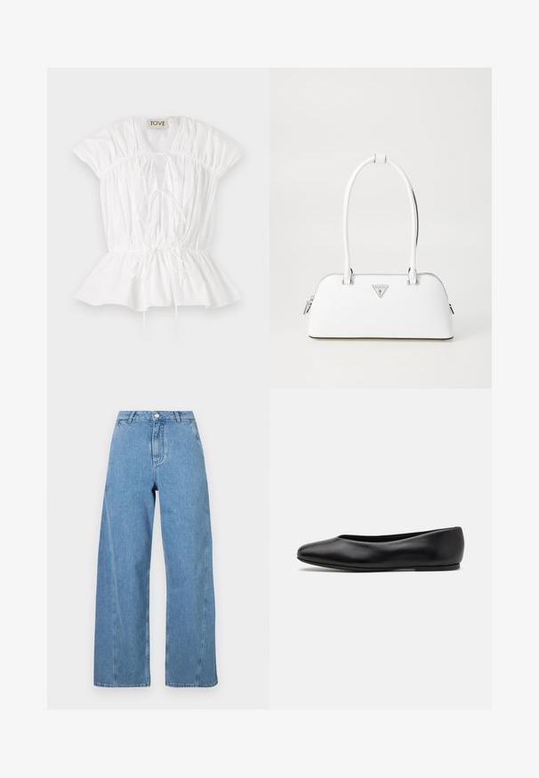 Maglione grigio a maglia con un grafico di un gatto in nero e beige, con la parola "Future" in rosa sulla parte anteriore.; Blusa bianca in cotone con maniche corte a sbuffo, dettagli arricciati e chiusura con fiocco sulla parte frontale. L'orlo a peplo aggiunge una silhouette svasata. Etichetta del marchio visibile.; Jeans a gamba larga di cotone denim di colore blu chiaro, con vita alta, taglio dritto e cuciture a contrasto lungo le cuciture.; Paul Smith TOPANGA - Ballerine - black; Borsa a mano bianca in pelle con forma curvola, dotata di un logo triangolare argentato e chiusura con zip. Texture liscia e manici doppi.