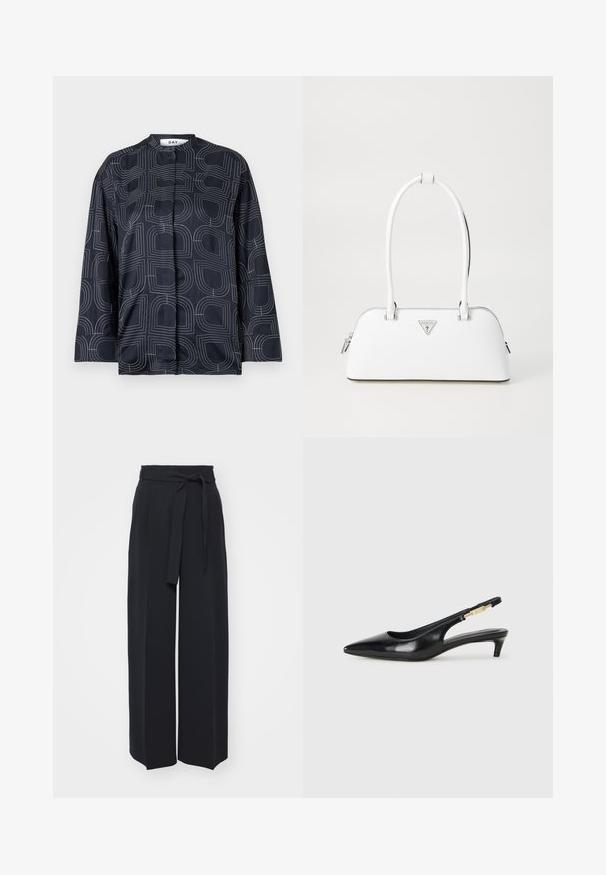 Grijs gebreid sweater met een kattenafbeelding in zwart en beige, met het woord "Toekomst" in het roze over de voorkant.; Marineblouse met een geometrisch wit patroon, met een mandarincol en lange mouwen, gemaakt van een gladde, glanzende stof.; Zwarte wijde broek van zachte stof. Voorzien van een ceintuur en plooien aan de voorkant. Glad textuur met een strakke, hedendaagse stijl.; Zwarte leren slingback hakken met een spitse neus, voorzien van een slanke hak en een goudkleurige accent op de verstelbare band. Gladde textuur.; Witte leren handtas met een gebogen vorm, voorzien van een zilveren driehoekig logo en ritssluiting. Gladde textuur en dubbele handvaten.
