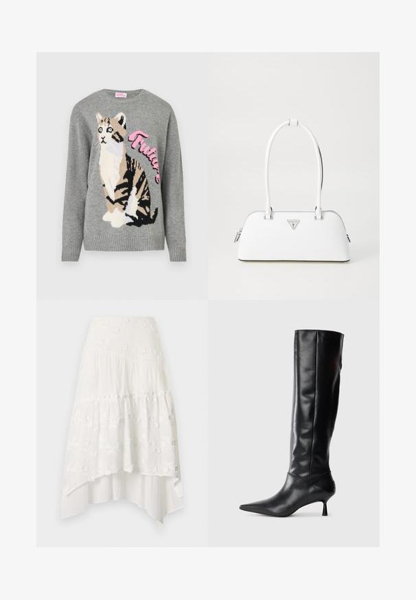 Pull en tricot gris avec un motif de chat en noir et beige, portant le mot "Future" en rose sur le devant.; Jupe blanche à volants avec broderie florale. Dotée d'une taille ajustée et d'un tissu fluide en couches, créant un ourlet asymétrique.; Botte en cuir noir hautes jusqu'au genou avec un bout pointu et un talon fin et courbé. Texture lisse, design ajusté, sans matériel ni motifs visibles.; Sac à main en cuir blanc avec une forme courbée, présentant un logo triangulaire argenté et une fermeture à glissière. Texture lisse et doubles poignées.
