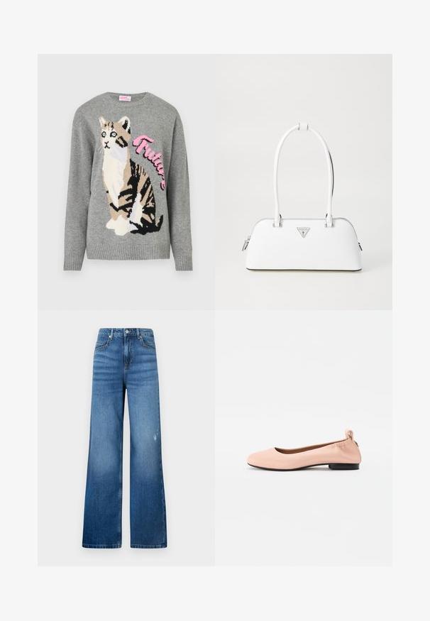 Grå strikkegenser med en kattgrafikk i svart og beige, med ordet "Future" i rosa over hele fronten.; Bredde ben jeans i blå denim med en lys falming, med fem lommer og en standard midje med knappeåpning. Glatt tekstur.; Lys rosa ballerinasko laget av glatt materiale med avrundet tå, fleksibel bakdel og en liten svart hæl.; Hvit skinnhåndveske med en buet form, utstyrt med en sølvfarget, trekantet logo og glidelåsstengning. Glatt tekstur og doble håndtak.