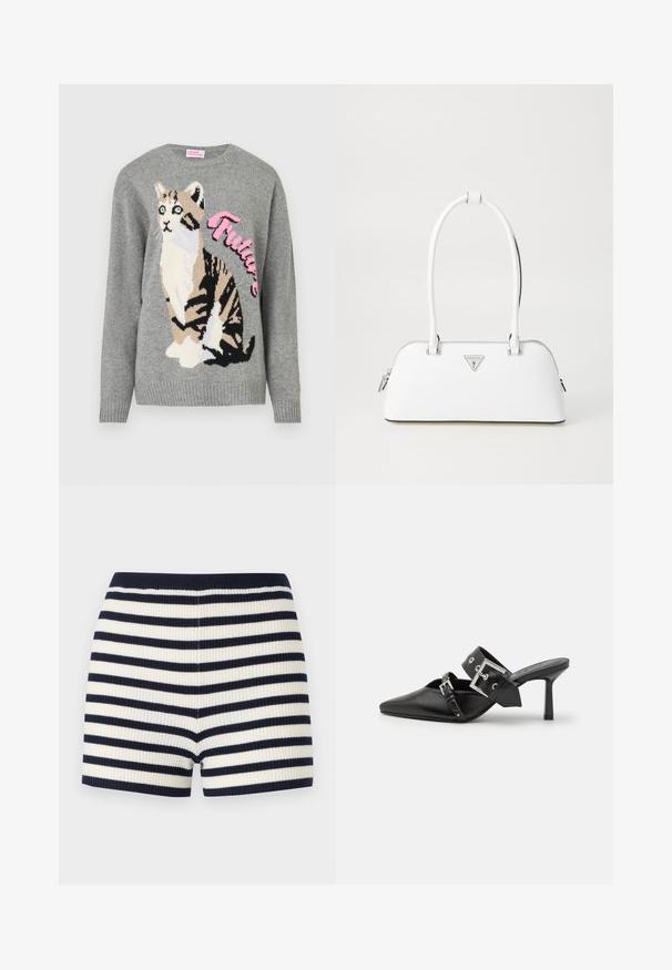 Šedý pletený svetr s grafikou kočky v černé a béžové barvě a s nápisem "Future" v růžové na přední straně.; Rybářské šortky v námořnické modré a bílé pruhy, vybavené přiléhavým střihem a jemnou texturou. Pas je v námořnické modré barvě, což doplňuje vzor.; Černé muly na vysokém podpatku s špičatou špičkou, vyrobené z hladké kůže. Mají široký pás kolem kotníku se čtvercovou stříbrnou sponou a cvočky.; Bílá kožená kabelka s zakřiveným tvarem, na které se nachází stříbrné trojúhelníkové logo a zipové uzavření. Hladký povrch a dvojité uši.