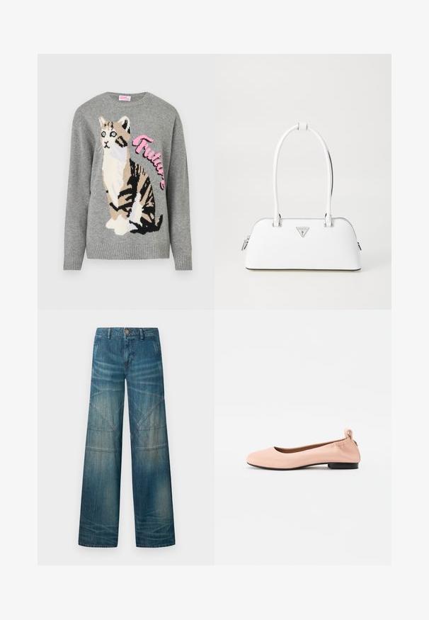 Pelēkā adīta džemperis ar kaķa grafiku melnā un bēšā krāsā, ar vārdu "Nākotne" rozā krāsā priekšpusē.; Platas kājas džinsi vidēji zilā krāsā ar izbalējušu apdari, apģērba šuvēm un klasisku piecu kabatu dizainu ar pogu aizdari.; Bālā rozā krāsā baleta kurpes, kas izgatavotas no gludas materiāla, ar noapaļotu purngalu, elastīgu aizmuguri un mazu melnu papēdi.; Baltā ādas rokassoma ar izliekta formu, kas aprīkota ar sudraba trīsstūrveida logotipu un rāvējslēdzēju. Gluda tekstūra un divi rokturi.