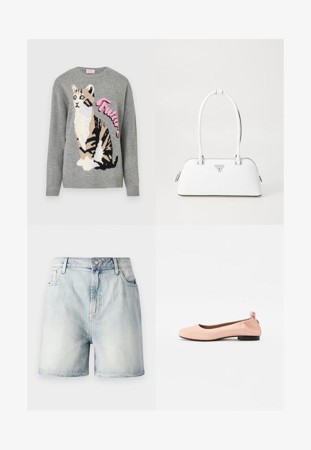 Grå strikkegenser med en kattgrafikk i svart og beige, med ordet "Future" i rosa over hele fronten.; Lys blå denimshorts med knappelukking, fem lommer og en falmet tekstur. Rett snitt med et klassisk design.; Lys rosa ballerinasko laget av glatt materiale med avrundet tå, fleksibel bakdel og en liten svart hæl.; Hvit skinnhåndveske med en buet form, utstyrt med en sølvfarget, trekantet logo og glidelåsstengning. Glatt tekstur og doble håndtak.