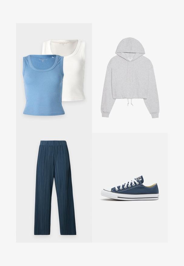 Sweat à capuche gris court en tissu doux, avec un cordon de serrage à la capuche, des manches longues et des poignets côtelés. Design simple sans motifs ni graphiques.; Deux débardeurs à côtes : l'un bleu clair et l'autre blanc. Chacun présente un col rond et une silhouette ajustée, mettant en valeur la texture du tissu.; Pantalons plissés à jambes larges en bleu foncé. Dotés d'une taille élastique et d'une texture à rayures verticales, fabriqués dans un tissu léger.; Baskets en toile bleu marine avec des œillets et des lacets blancs, présentant un capot en caoutchouc blanc et une bande noire le long de la semelle.