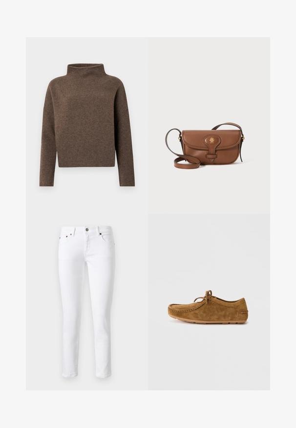 Ruskea, lyhyt neulepaita, jossa on korkea, käännettävä kaulus, pitkät hihat ja pehmeä, teksturoitu kangas. Minimalistinen muotoilu ilman näkyviä mekanismeja.; Valkoiset farkut slim fit -mallissa, viisi taskua, napitus ja huomaamaton yhtenäistikkaukset etu- ja takataskuissa.; Kahvipohjainen mokkasiinityylinen kenkä, jossa on pyöreä varvas, koristeompeleet ja nauhakiinnitys. Varustettu joustavalla kumipohjalla.; Ruskea nahkainen olkalaukku, jossa on kaareva kansi, kultaiset yksityiskohdat ja koristeellinen logo. Hihna on säädettävä ja siinä on sileä pinta.