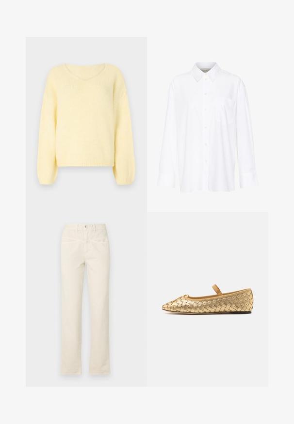 JDY JDYDINEA L/S REVERSIBLE - Džemper - pastel yellow; Valge pika käisega krae särg, mis on valmistatud puuvillast. Omab nööbipaneeli esiosa ja ühte rinna taskut. Sujuv tekstuur, vabalt lõigatud.; Bežidest valmistatud puuvillased püksid otse sääre disainiga, millel on nupuga kinnitamine ja tagasihoidlikud ees olevad taskud. Varrukal on kerge frantsi detail.; Loeffler Randall LEONIE SOFT BALLET FLAT - Pahkluurihmadega baleriinad - gold