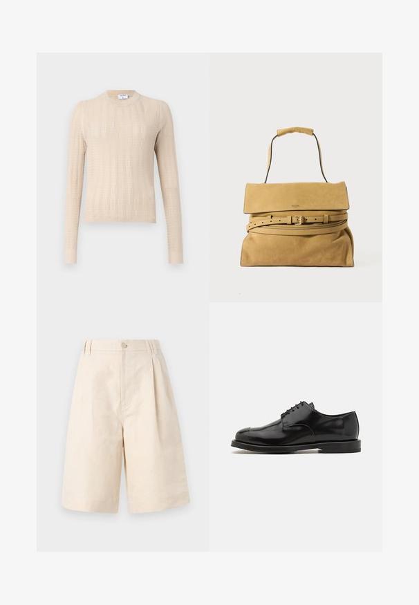 Beige knitted sweater featuring long sleeves, a round neckline, and a textured ribbed pattern throughout. Soft, lightweight fabric.; Beige linen shorts with a relaxed fit, featuring a button closure, pleated design, and knee-length cut. Smooth texture and simple style.; Black leather dress shoes with a polished finish, round toe, lace-up design, contrasting sole, and minimalistic stitching details.; Tan suede Moschino handbag with a top handle, fold-over flap, and a matching belt wrapped around its base.
