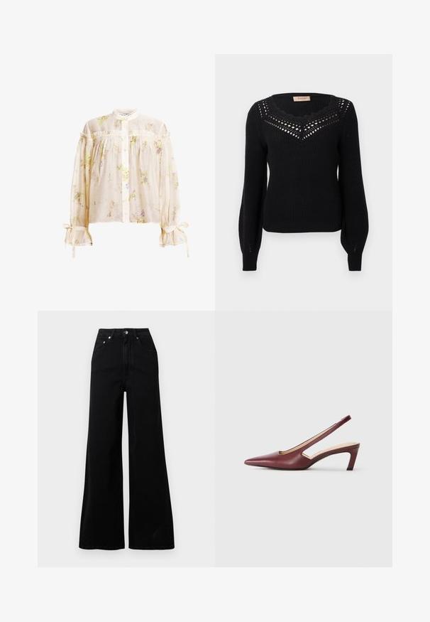 Crni džemper s rebrastom teksturom, valovitim izrezom i otvorenim detaljem na prsima. Dugih rukava i pristaje u struku.; Lagana kremasta bluza s cvjetnim uzorkom, visokim ovratnikom, prednjim kopčanjem na gumbe, otvorenim ramenima i volanima na rukavima i ovratniku.; Crne široke traperice od trapera, s visokim strukom, pet džepova, zatvaranjem na gumbe sprijeda i minimalnim šavovima.; Burgundske potpetice sa otvorenom pete, oštar vrh, izrezane detalje sa strane i srednje visoku blok petu. Glatka kožna završna obrada.