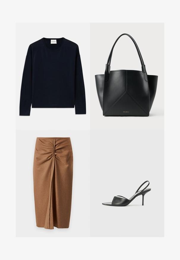 Námořnická modrá dlouhá rukávová tričko s kulatým výstřihem z měkké, hladké tkaniny s uvolněným střihem. Obsahuje žebrované manžety a lem, štítek na krku.; Hnědá midi sukně s jemnou texturou, zdobená bočním nařasením a předním rozparkem. Jednoduchý design s hladkým povrchem a bez ozdob.; Černé kožené lodičky na odkryté patě s špičatou špičkou, tenkým řemínkem kolem kotníku a jehlovým podpatkem. Obsahují uzlový detail na nártu.; Černá kožená taška na rameno s geometrickým designem, vybavená dvěma uchy a zlatým brandingem na přední straně. Hladká textura a strukturovaný tvar.