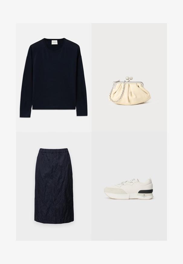 Mørkeblå langermet crewneck genser i myk, glatt stoff med en avslappet passform. Har ribbede mansjetter og kant, samt etikett i nakken.; Marineblå blyantskjørt i et krøllete stoff, med elastisk midje, design i knelengde og glatt tekstur.; Hvite sneakers med en teksturert ser ut som en suede tåhette, glatt mesh-overdel, dekorative snørebånd og en svart gummihælaccent.; Foliebeige lærveske med plisseringer og en sølvmetalramme, med to runde dekorative låser og en sølvkjede.