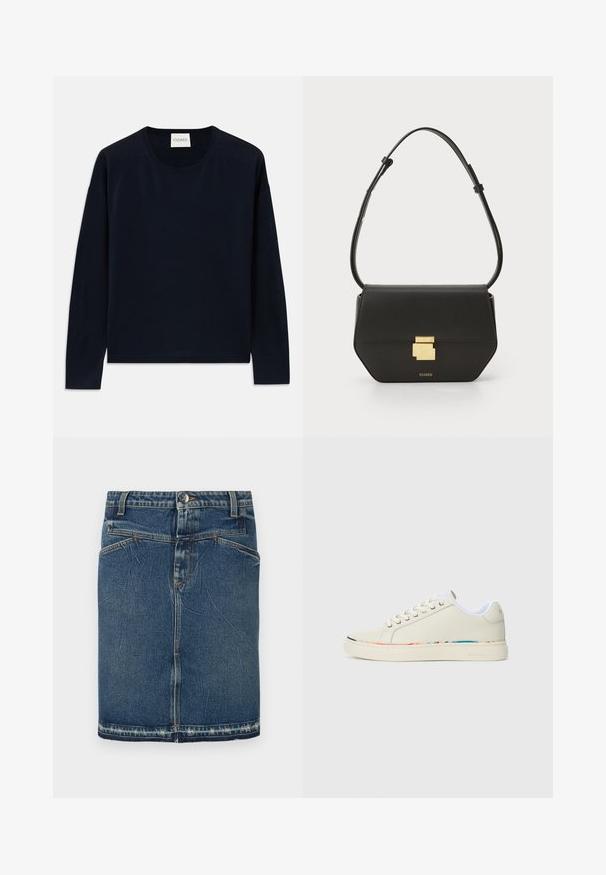 Mornarsko modra dolgoročná majica s okruglim izrezom iz mehkega in gladkega materiala z sproščenim krojem. Ima rebraste manšete in spodnji del ter oznako na vratu.; Denim krilo z značilnim modrim pranjem, zasnovo s petimi žepi in raztrgano obrobo. Zapenja se s sprednjim gumbom in zadrgo.; Off-white nizki športni copat z vezalnim dizajnom, belim notranjim oblogo in subtilnim večbarvnim obrobjem ob robu podplata, stranski pogled.; CLOSED CLOSED ONE - Torba čez telo - black