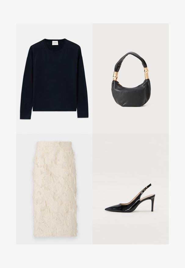 Mornarsko modra dolgoročná majica s okruglim izrezom iz mehkega in gladkega materiala z sproščenim krojem. Ima rebraste manšete in spodnji del ter oznako na vratu.; Kremno obarvana svinčnik krilo z teksturirano, perjem podobno površino. Ima oprijet kroj in srednjo dolžino, primerno za različne priložnosti.; Črne lakirane slingback čevlje z izostrenim nosom, ozkim peto in subtilnim izrezom. Na traku je zlata sponka.; Črna usnjena torbica okrogle oblike, mehke teksture, z vozlanim ročajem in zlatimi kovinskimi dodatki. Zadrga za zapiranje.